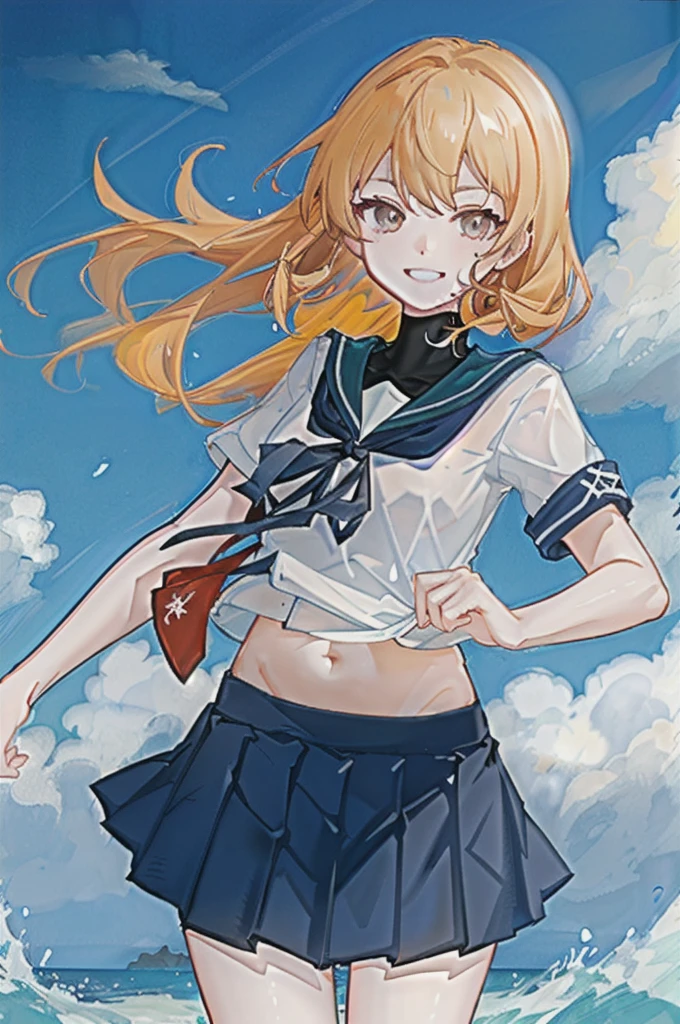 oboro \(Kantai Collection\), One girl, alone, skirt, , Seraphim, blue skirt, pleated skirt, White Background, Sailor collar, Simple Background, belly button, View your viewers, blue Sailor collar, Cowboy Shot, smile, abdomen, Short sleeve, shirt, abdomen peek, white shirt, original, Intricate details, figure, masterpiece, Highly detailed CG Unity 8k wallpaper, highlight, whet, dynamic,  