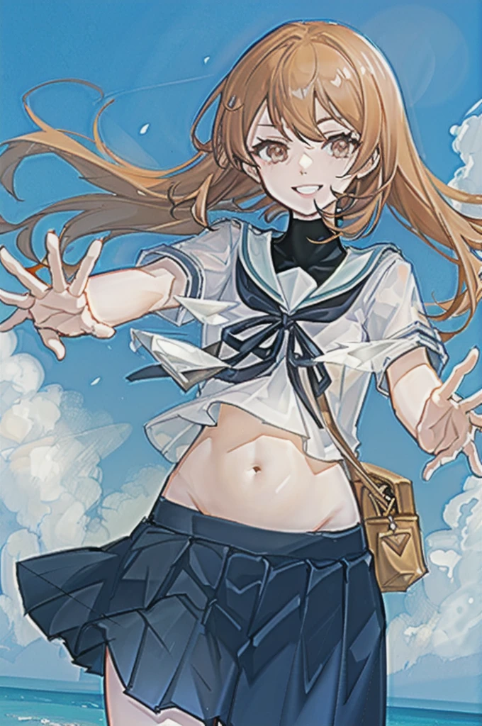 oboro \(Kantai Collection\), One girl, alone, skirt, , Seraphim, blue skirt, pleated skirt, White Background, Sailor collar, Simple Background, belly button, View your viewers, blue Sailor collar, Cowboy Shot, smile, abdomen, Short sleeve, shirt, abdomen peek, white shirt, original, Intricate details, figure, masterpiece, Highly detailed CG Unity 8k wallpaper, highlight, whet, dynamic,  