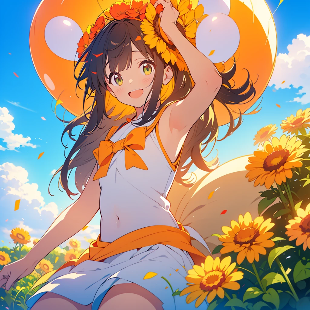 kawaii, anime, Cute, hyper quality, highly detailed, 8k, Clarity, dark brown long hair, smile, green eyes, round marigold, orange round marigold flower field, round marigold flower field, sit on a flowering hill, colorful balloons, balloons are flying in the sky, flower garden, morning dew, Shining light, particles of light, dazzling smile, Draw facial expressions in detail, Draw the eyes in detail, white casual clothes, A breeze flows, celebration, A large number of balloons fly into the sky, look up at the sky, A dynamic posture, balloon, clear blue sky, curled marigold, happy birthday, blue sky, clear sky, rainbow colored balloons, colorful balloons, release a large number of balloons into the sky, upper body, hold one's hand in the sky,