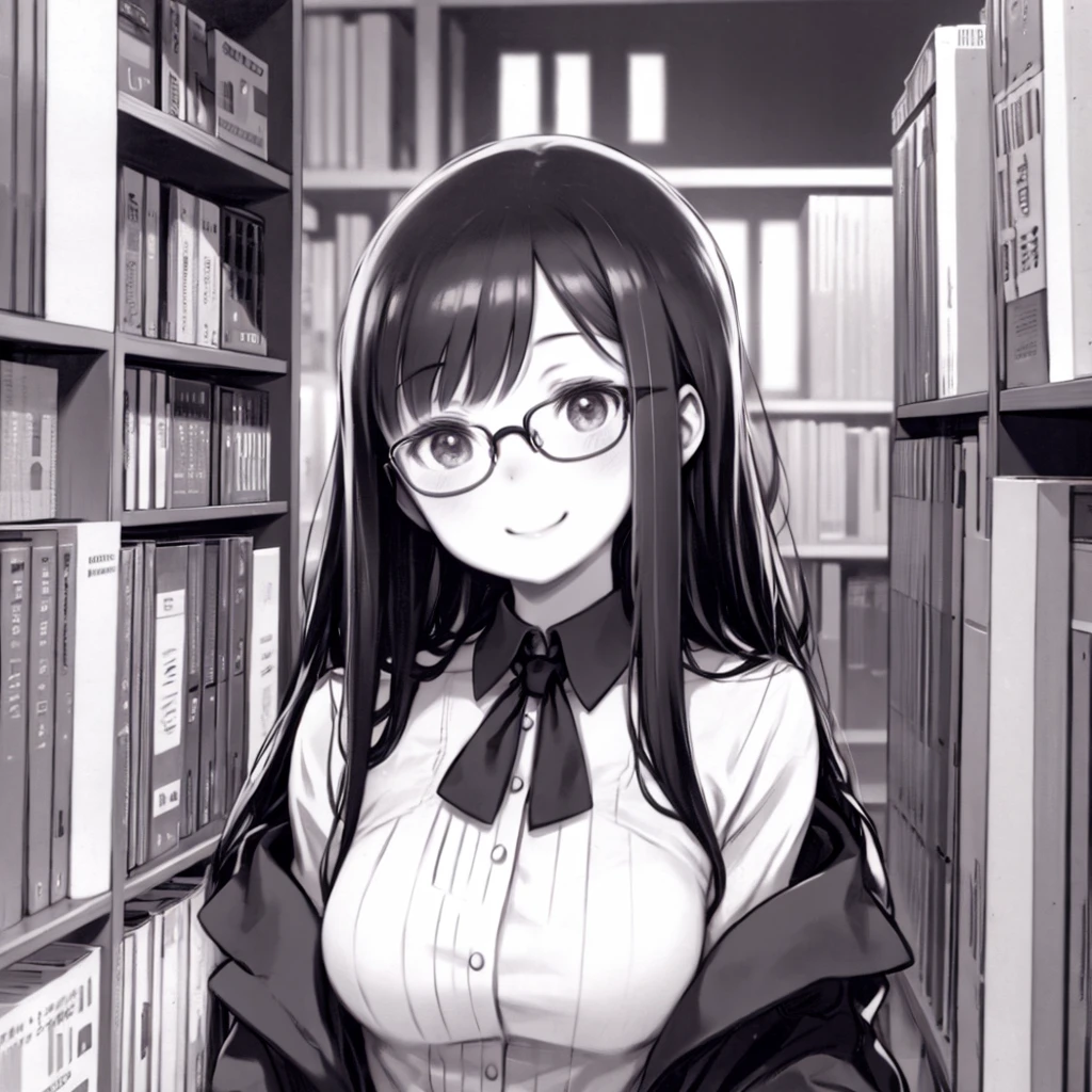 Huge library、1 Librarian、One Woman、small round glasses、Upper Body、smile、tilting the head、