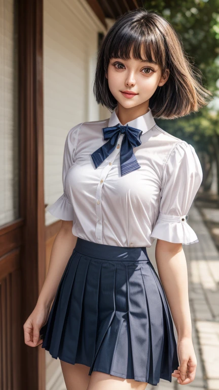 masterpiece:1.2, highest quality), (Realistic, photoRealistic:1.4), Beautiful illustrations, (Natural Side Lighting, Cinema Lighting), Written boundary depth, Looking at the audience, Front view, 1 girl standing, Japanese, high school girl, 18-year-old, Perfect Face, Symmetrical cute face, Shiny skin, Leg spread, (Bob Hair:1.7, black), Asymmetrical bangs, Big eyes, Droopy eyes, long eyelashes chest), thin, Beautiful Hair, Beautiful Face, Beautiful and beautiful eyes, Beautiful clavicle, Skinny body, Skinny bust, Skinny breasts, Beautiful thighs, Beautiful legs, Beautiful 4 fingers and 1 thumb, Front of her skirt was Open by her hands, Her finger picks up the hem of her skirt, puts up the hem of the skirt by her hands and open hers skirt upward, ((High-quality fabric, Short sleeve white collar shirt, Navy blue Pleated Skirt, Navy bow tie)), (Beautiful views), evening, (Inside the flower shop), standing, (smile, Superior, Open her mouth), (((Flipping Up Skirt by her fingers, The skirt that the front was Flipping up by her hands, No pants, Genitals are visible))), Full Body Shot, Sexy Face, Inverted nipples, Background is Full of Flowers
