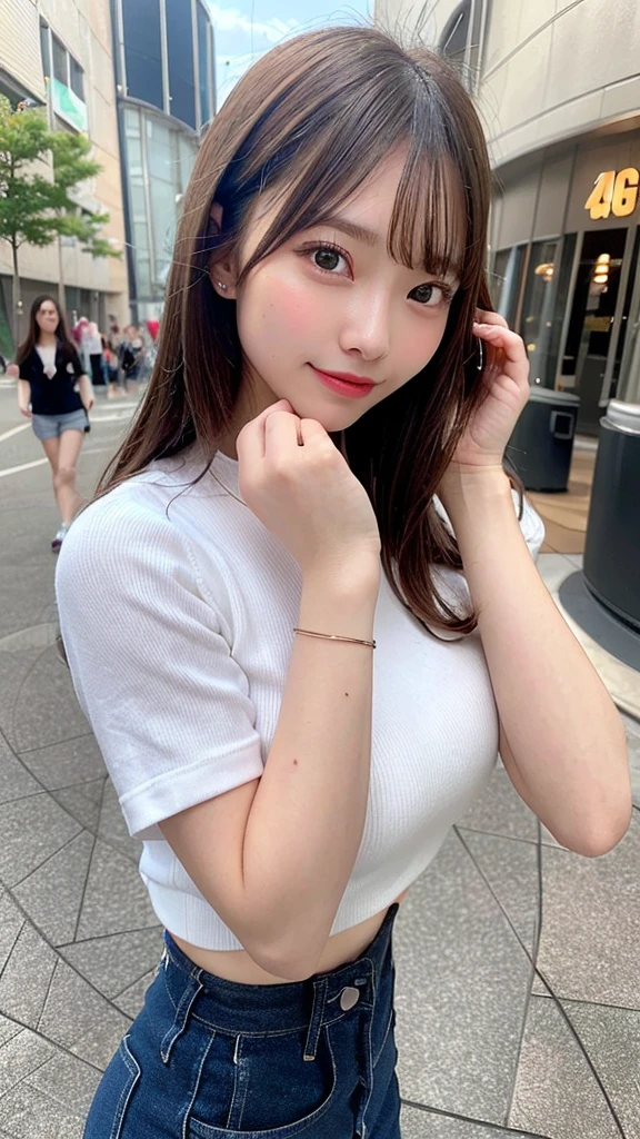 highest quality, shape, Very detailed, finely, High resolution, 8k wallpaper, Perfect dynamic shape, Beautiful and detailed, Summer clothes,Medium Hair,Natural color lip,smile,20-year-old girl、Midnight、Beautiful and elaborate face、Perfect and beautiful face、Slim face and figure,spread your arms wide,Big eyes,Take a photo with your face raised from below your knees、Small face、Beautifully detailed face、Perfect and beautiful double eyelids、Big cleavage、Long, Slender legs、One Woman、gravure、Skinny jeans、Watching the audience、run