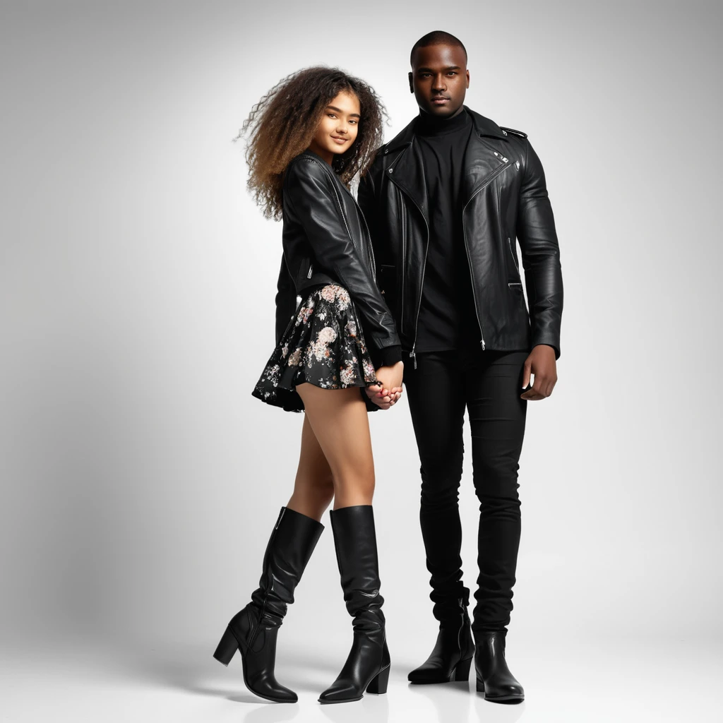 Beautiful 18 year old girl with moving hair in a short skirt holding hands with a dark-skinned man in a black jacket, black boots, white background