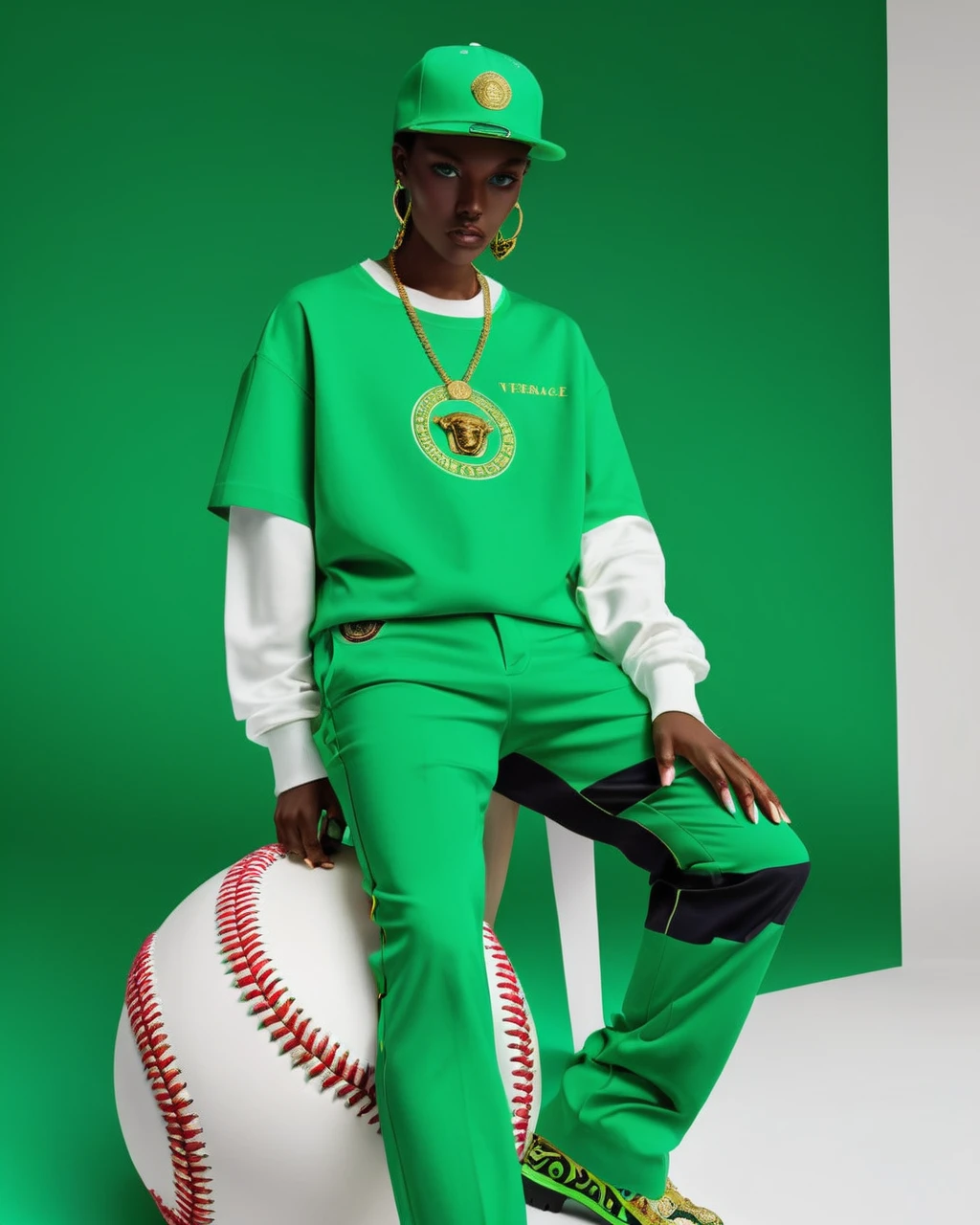 a model wear ovzrsize suit of green color,inside white t-shirt, posing for a picture, baseball hat,Edit pictures, high resolution, Edit photos, Official Versace Editor,wear ovzrsize suit,Balenciaga concept fashion photo ,