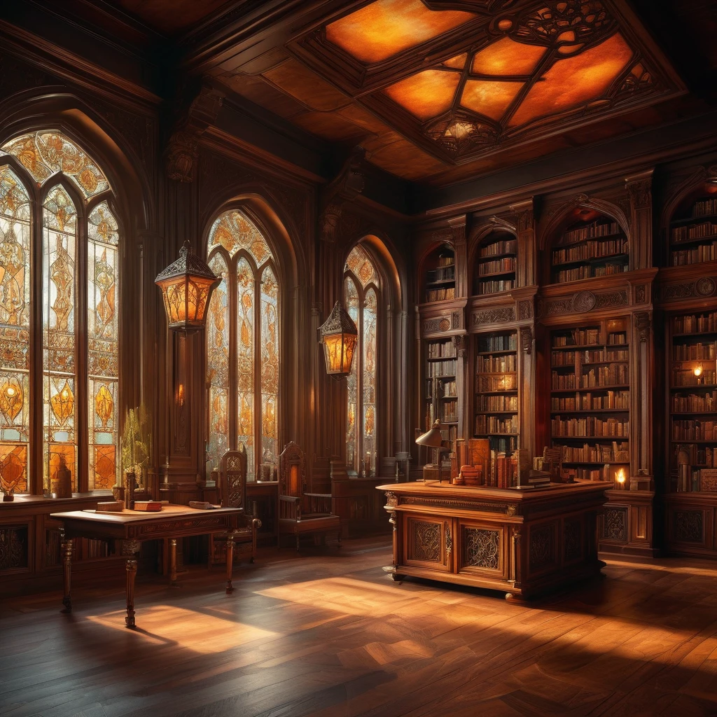 a beautiful fantasy book illustration, a library with magical shelves, ornate wooden furniture, glowing lanterns, stained glass windows, mysterious tomes and artifacts, intricate carvings and architecture, warm lighting, highly detailed, photorealistic, cinematic composition, dramatic lighting, fantasy art style, muted color palette, atmospheric, mystical