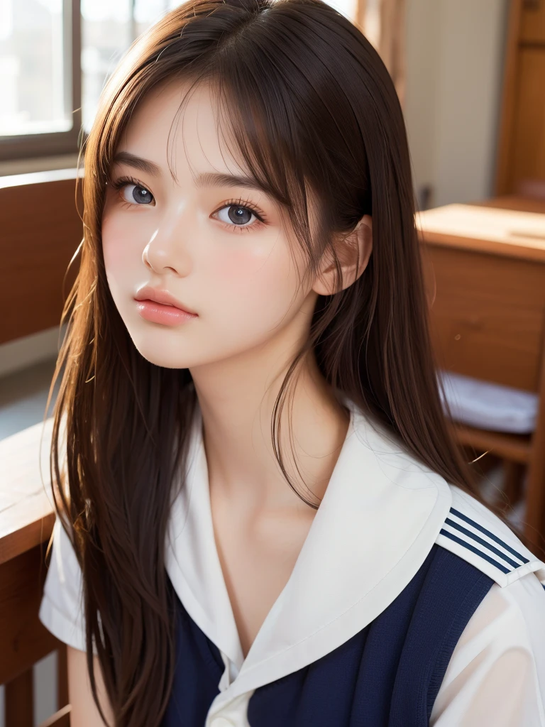 ((masterpiece, Highest quality, High resolution)), 1 girl, (Realistic: 1.4), Beautiful Face, Beautiful Hair, Beautiful Eyes, Glowing Skin, ************, Sailor suit, classroom, Sit at a desk, Side Angle, sunlight, Backlight, Photo shoot by a professional photographer