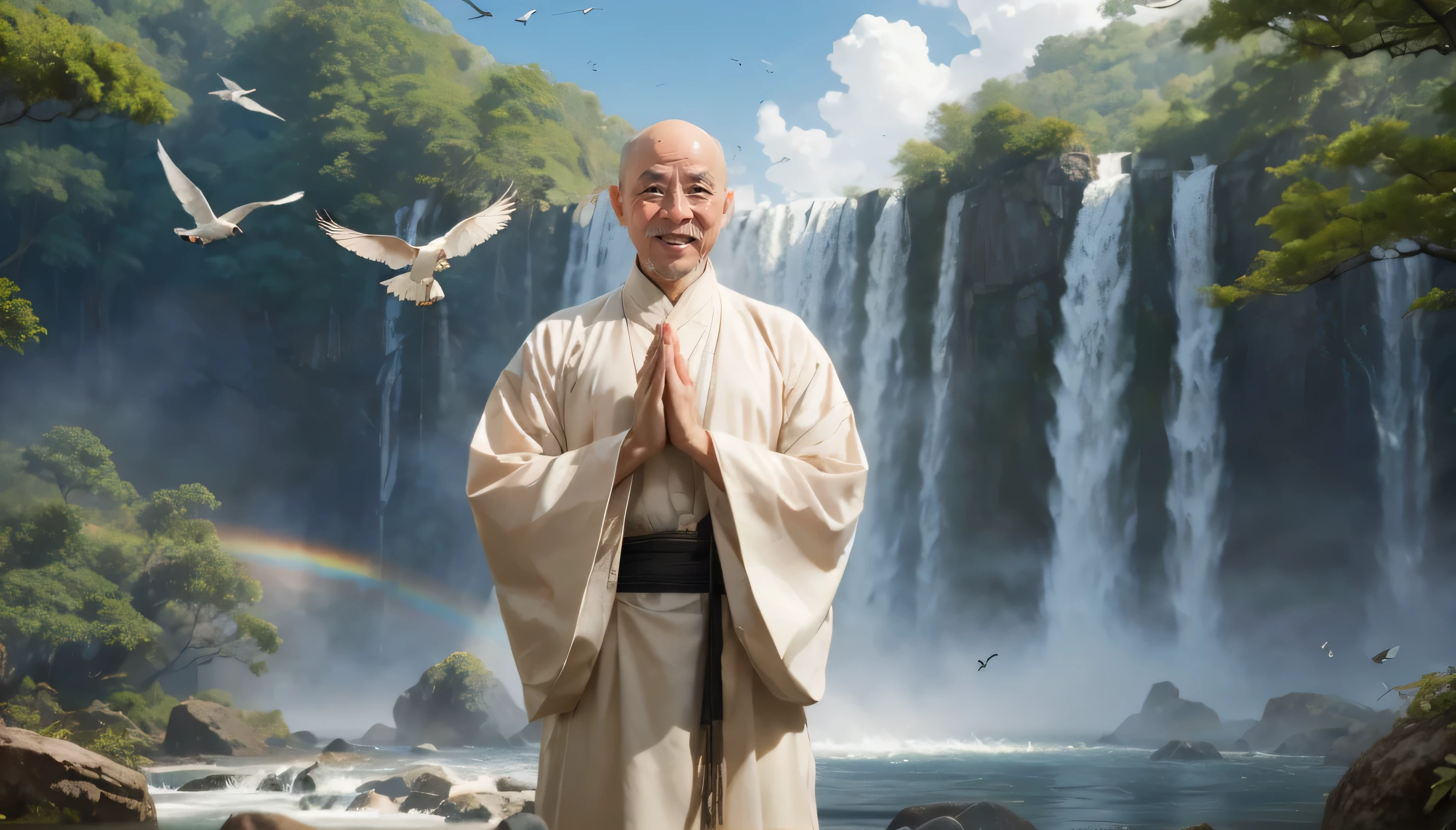 A middle-aged rather thin oriental man with a bald short beard puts his hands together，Showing goodbye，Eyes looking into the camera，Wearing a two-piece light-colored Chinese dress，Standing in the forest with waterfall，There are birds flying，There are white clouds in the blue sky，There is a rainbow above the waterfall，Beautiful and high-definition picture，The details are very clear，With depth of field