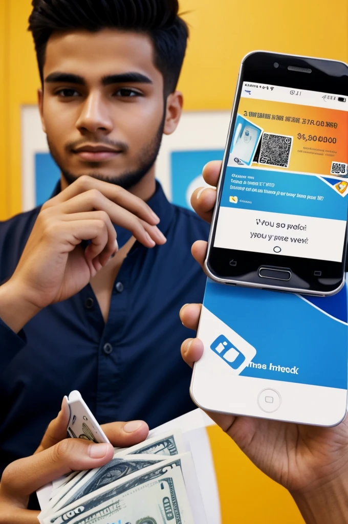 A young man is holding a mobile phone and is receiving money from the mobile phone.   And the back background has social media popular images and the image is eye catching