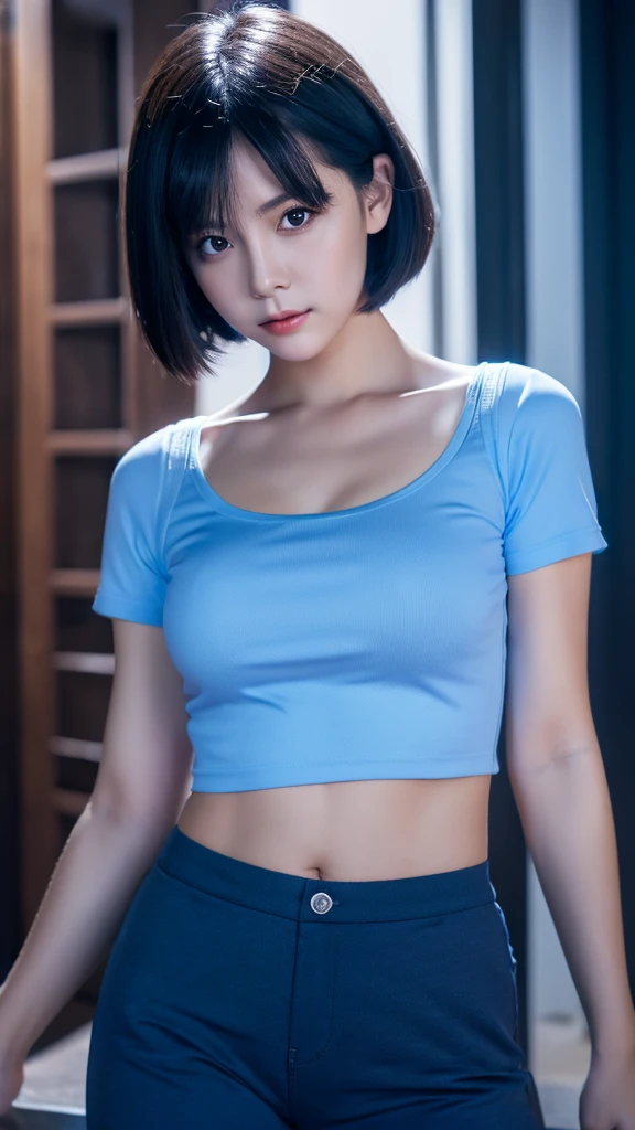 a girl with short black hair, wearing black underwear and sky blue top shirt, blue pants, standing, taking selfie, cute, pouting face, realistic, detailed, photorealistic, cinematic lighting, 8k, high resolution, masterpiece, digital art