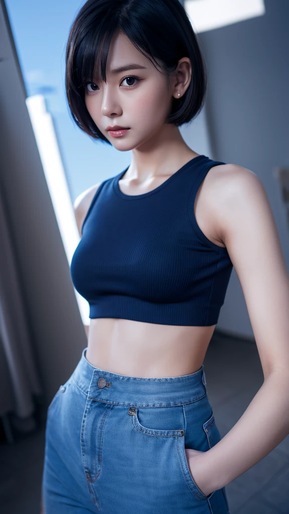 a girl with short black hair, wearing black underwear and sky blue top shirt, blue pants, standing, taking selfie, cute, pouting face, realistic, detailed, photorealistic, cinematic lighting, 8k, high resolution, masterpiece, digital art