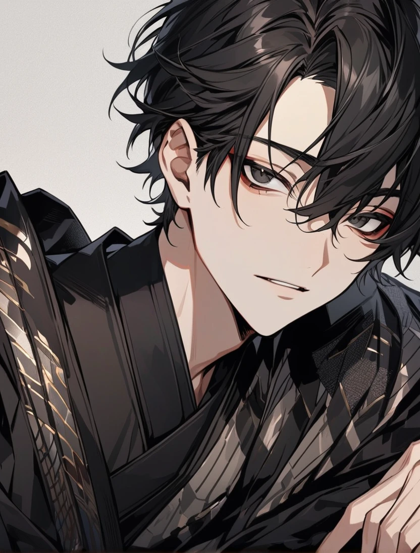 (black_hair), (short_hair), (deep_black_eyes), (Handsome), (Attractive), (male), (unique_black_kimono), (detailed_Hair), (detailed_mouth), (r), (dark_under_eyes), (gem_like_eyes), (japanese)