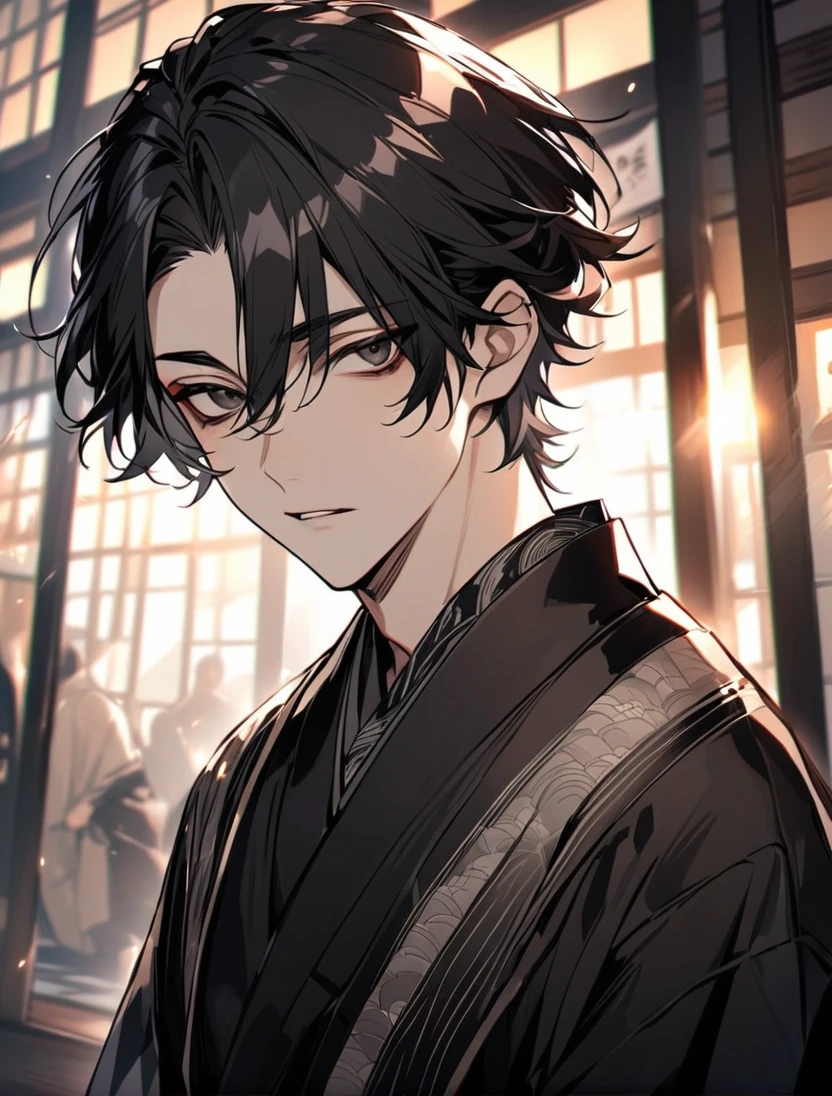 (black_hair), (short_hair), (deep_black_eyes), (Handsome), (Attractive), (male), (unique_black_kimono), (detailed_Hair), (detailed_mouth), (Teenager), (dark_under_eyes), (gem_like_eyes), (japanese)