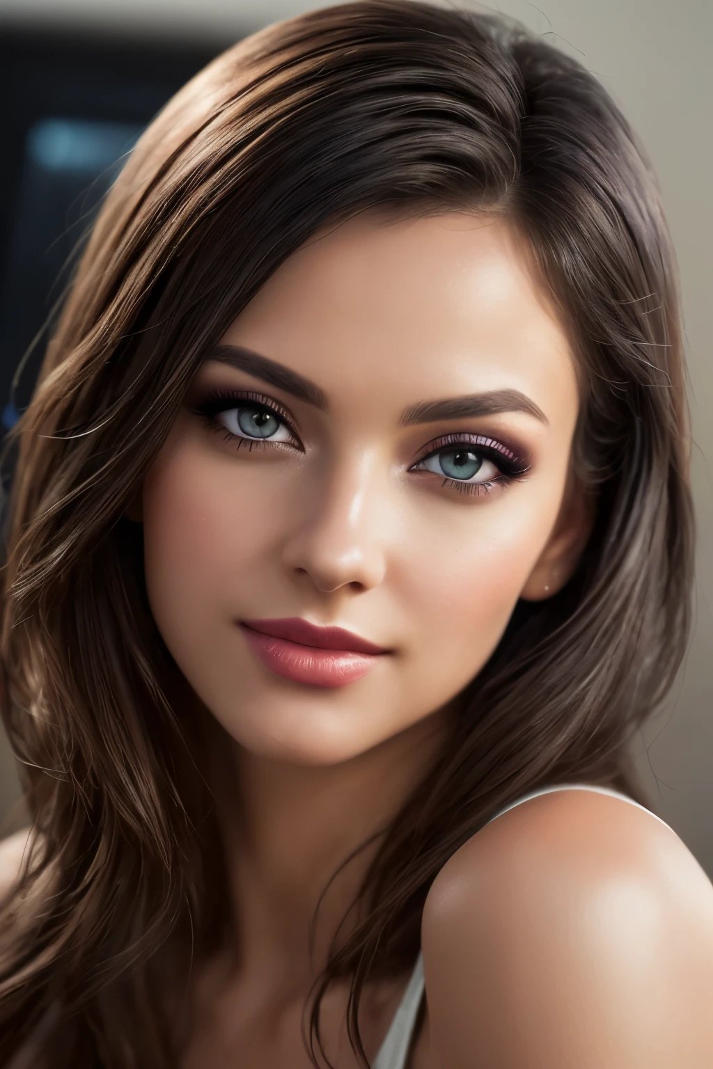 (best quality,4k,8 K,a high resolution,masterpiece:1.2),ultra-detailed,(realistic,photorealistic,photorealistic:1.37), I am you, You are me, shy smile, brunette, Red eyes, vamp girl, Makeup artists do makeup for celebritieasterpiece:1.2), best quality, masterpiece, a high resolution, original, Extremely detailed wallpaper, perfect lighting,(Extremely detailed computer graphics:1.2)