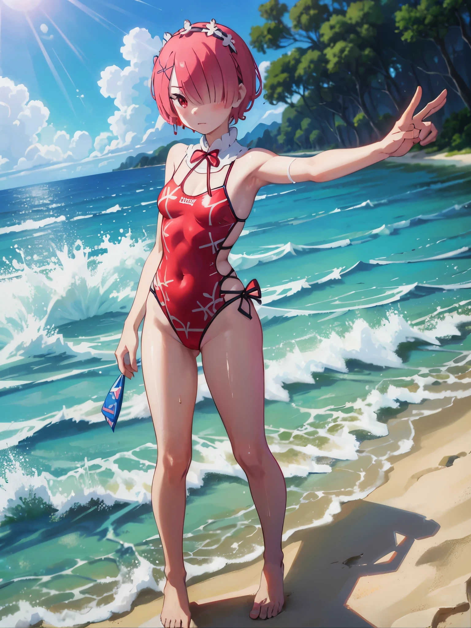 Random Swimsuit、Random patterned swimsuit、Acme Face、Random pose、short hair、Red Hair、、hair over one eye、、nsfw、Highest quality、1 girl、solo、Ocean、Sandy Beach、Sexy pose、Random pose、Blushing、Wet、Embarrassed、Strap slip:1.3)、Random Swimsuit