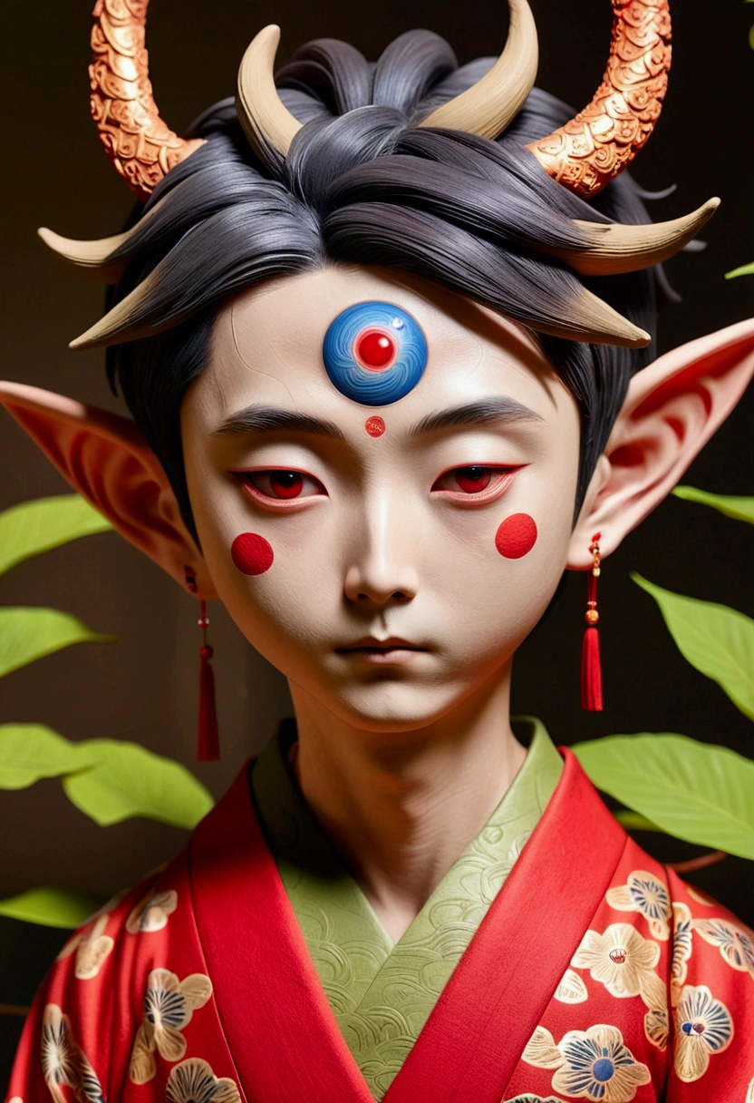 3D Art Sculpture。Clay Sculpture。 Painted pottery。(((1 Boy,独奏,third eye on the forehead,Elf ears))),(((Gorgeous Japanese red kimono:1.6,Eye Diagram,Dark Pattern))).(((Thin waist,Greenbelt:1.37)))whole body