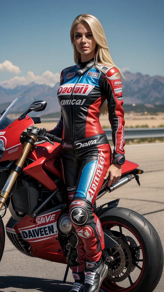 beautiful blonde, 25 year old, American woman, motorcycle racing outfit, Daredevils, realistic, 8k, koda photo, photo realistic, slim body, fit, large breast, standing beside ducati superbike