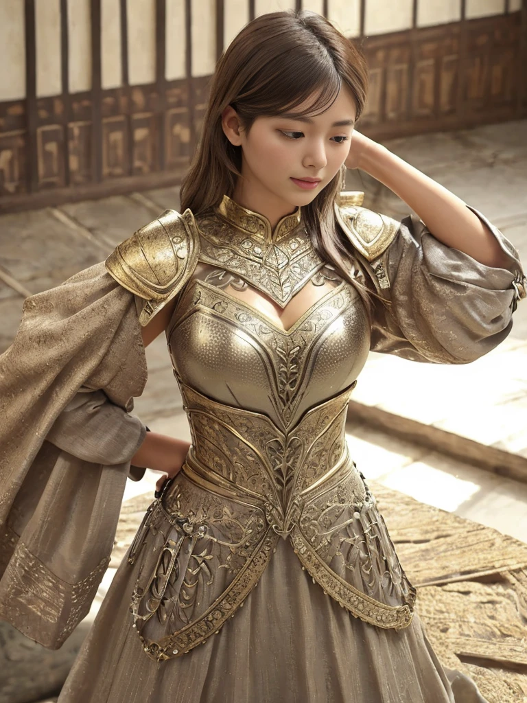Redesigned Armor, The epitome of crafted protection, This armor is、It boasts a rustic, weathered look that feels old and sturdy.. The intricately woven design of delicate lines and geometric patterns creates an appealing texture.。, Carefully conceals the wearer's skin without gaps or cuts.
The contours of the armor fit gracefully to the curves of the wearer's body., Ensures a perfect fit while maintaining an uninterrupted surface. soft, A mysterious light shines from inside the armor., It gives off a complex glow that sparkles in the light..
Gold shines delicately, Adding an element of mystery,1 person