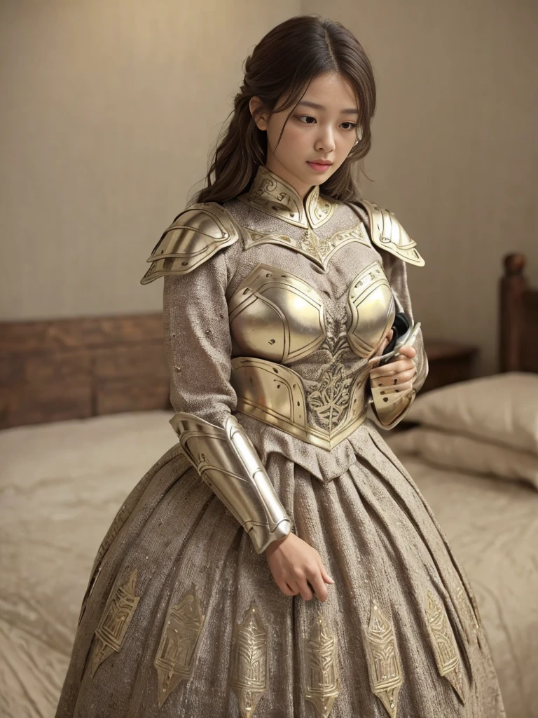 Redesigned Armor, The epitome of crafted protection, This armor is、It boasts a rustic, weathered look that feels old and sturdy.. The intricately woven design of delicate lines and geometric patterns creates an appealing texture.。, Carefully conceals the wearer&#39;s skin without gaps or cuts.

The contours of the armor fit gracefully to the curves of the wearer&#39;s body., Ensures a perfect fit while maintaining an uninterrupted surface. soft, A mysterious light shines from inside the armor., It gives off a complex glow that sparkles in the light..

Gold shines delicately, Adding an element of mystery,1 person