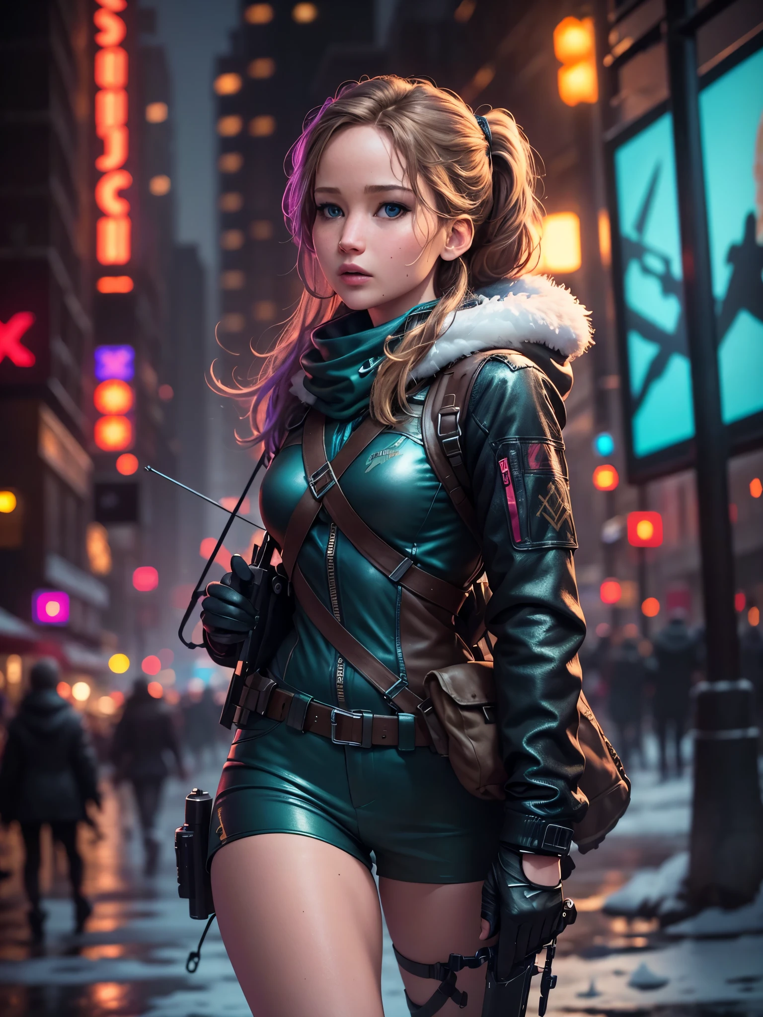 Photorealistic, high fidelity, RTX. Imagine Jennifer Lawrence as a teenage girl from the Hunger Games, turned to the back, behind shot, with a crossbow and arrows, exploring a snowy landscape in a cyberpunk city. Neon lights and holograms create a winter wonderland with a futuristic twist. Her stylish outfit and energetic pose showcase her adventurous spirit and love for cyberpunk winter adventures.