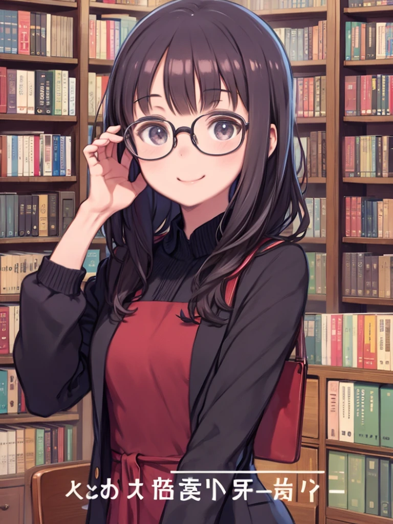 Huge library、1 Librarian、One Woman、small round glasses、Upper Body、smile、tilting the head、
