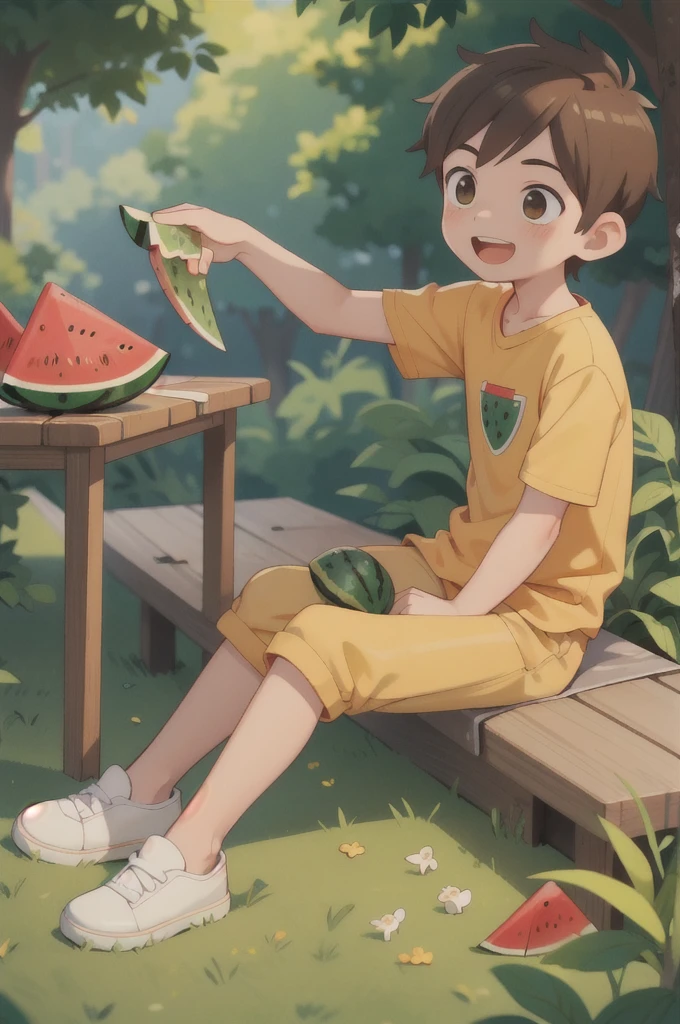 masterpiece,best quality,ruit,1boy,solo,eating,holding watermelon,male focus,brown hair,yellow shirt,pants,holding,open mouth,sitting ground,smile,short sleeves,white footwear,sky,forest,dog,(more Cut Watermelon:1.1),