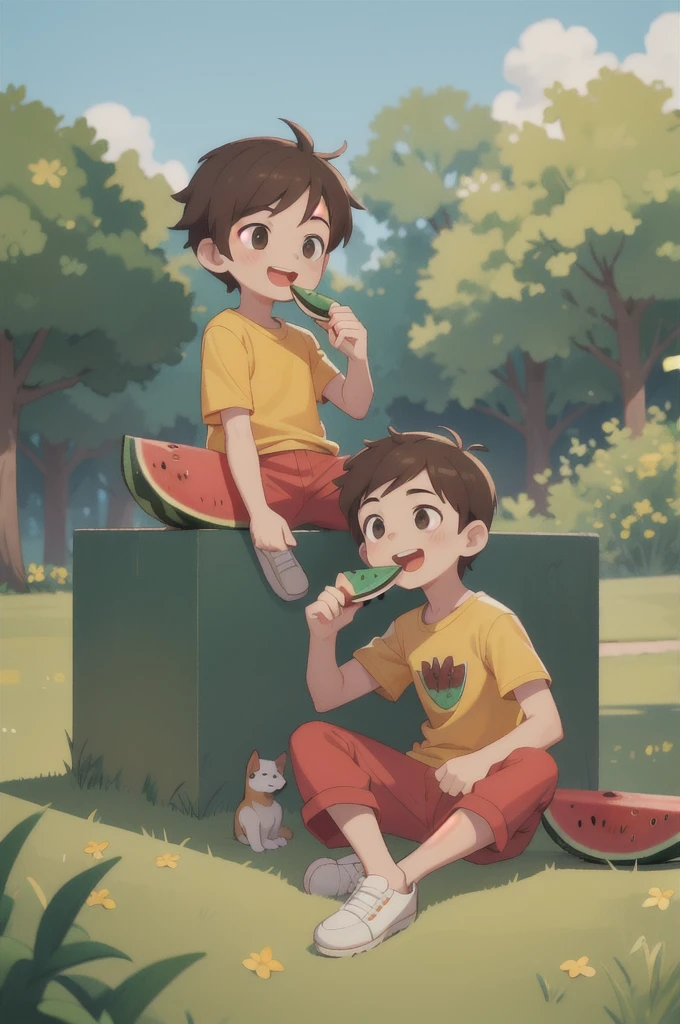 masterpiece,best quality,ruit,1boy,solo,eating,holding watermelon,male focus,brown hair,yellow shirt,pants,holding,open mouth,sitting ground,smile,short sleeves,white footwear,sky,forest,dog,(more Cut Watermelon:1.1),