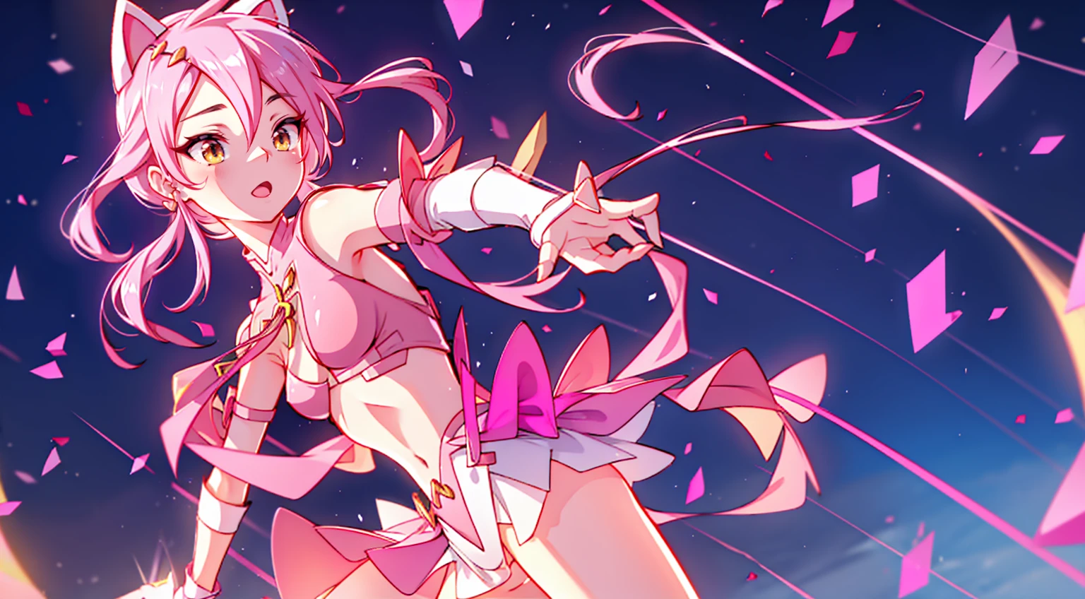 An anime girl with cat ears. Fake cat ears, and the cat ears are framed in gold on the head, long pink hair, very long hair, bright pink hair, white miniskirt with gold belt, She wears white gloves on her hands, pinker BH pinker Tanger, around the neck a golden collar, View to the viewer,
sexly, large , tight juicy ass, elongated yellow eyes with pink fragments, cute face",,