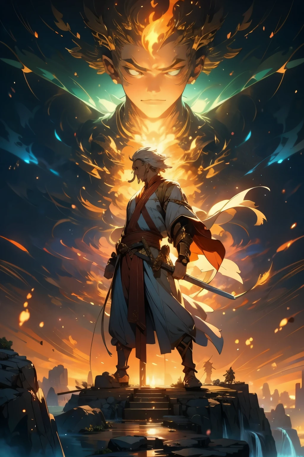 Acala,waterfall,High resolution, High resolution, 8k, Masterpiece 2:1,Flame,Sword,Lasso with a furious expression、I'm trying to save everyone。
In his right hand behind him he holds a sword that will cut off all doubts in his mind.。
Behind him, in his left hand he holds a rope called a lariat to guide things in the right direction.。
I carry a Flame that burns away all obstacles。