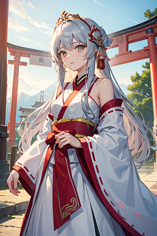 masterpiece, Highest quality, High resolution，Follow the on-screen instructions、Anime Style、Follow the prompts、One Girl、Long silver hair、shrine、Miko costume、A quick glance、cute、In front of the torii gate、Floating in the air