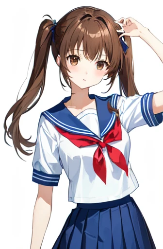 ((Highest quality)), ((masterpiece)), (detailed), ((One Girl))、(middle School girls)、((A photo showing your thighs to the top of your head))、(Standing straight, facing the camera)、School uniforms、Sailor suit、Pleated skirt、Brown Hair、Brown eyes、Twin tail hair、Young face、low length、Slender figure、Small breasts、White background
