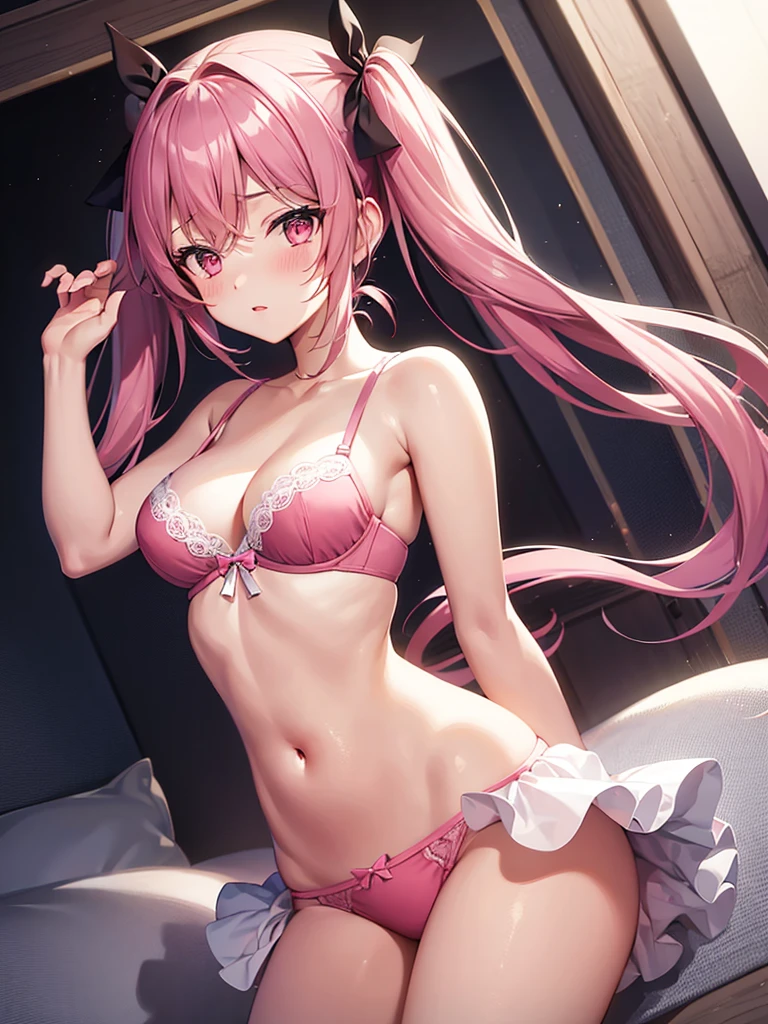 One girl, High resolution, Blushing, Character Design,bra,Pink Panties,Twin tails,Low - Angle