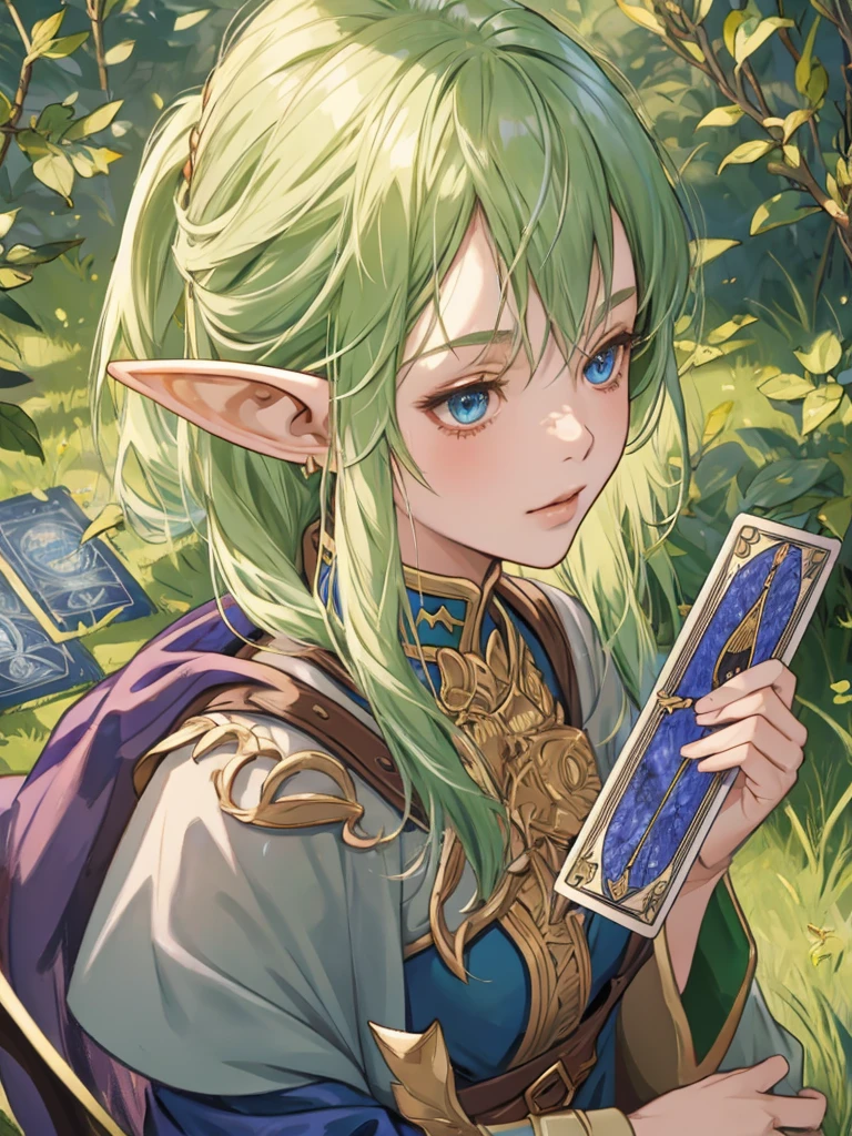 tarot cards, 1 elf girl，Portrait of a European elf&#39;s face，long shapeless hair, shining skin, face detailed, wearing a printed robe， Sumeru，nube, moonligh，((tarot cardsのレイアウト))，highest quallity, work of art, (realisitic:0.6), realisitic lighting,flower frame， decorative panel， abstract art， (Alphonse Mucha's) （work of art， best qualityer, 8k, very detailled， details Intricate， 4K，cerúleo， line drawing， fibonacci.