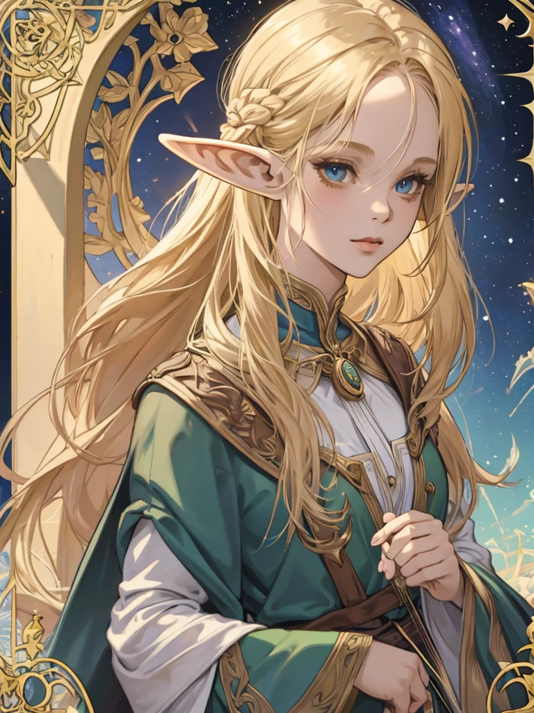 tarot cards, 1 elf girl,Portrait of a European elf's face,long shapeless hair, shining skin, face detailed, wearing a printed robe, Sumeru,nube, moonligh,((tarot cardsのレイアウト)),highest quallity, work of art, (realisitic:0.6), realisitic lighting,flower frame, decorative panel, abstract art, (Alphonse Mucha's) (work of art, best qualityer, 8k, very detailled, details Intricate, 4K,cerúleo, line drawing, fibonacci.