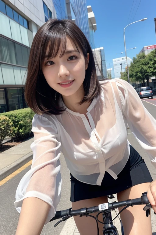 (Raw photo), (Photo realistic), (masterpiece), (Highest quality), High resolution, 8K resolution, (Exquisite detail), (Volumetric Light), a woman, Age 35, short hair, Straight Hair, Brown haired, very skinny, Very white and translucent skin,Highly detailed eyes, Source Order, Very fine eyebrows, eyelash,Highly detailed skin, Highly detailed mouth, Highly detailed nose, The best beauty,Cute like an idol, Smile, (An elegant and transparent white blouse), Random Body Orientation,medium breasts,Beautiful Japanese office lady, White blouse,Super mini pleated skirt, Lace Pantyhose, Random Color, Cute face, Real Light, Correct Anatomy, Riding a bicycle 1.4、city bicycle, on the saddle、both hands grips handle, Pedaling, Angle 1 from below.4、(((Low angle 1.4))), In the city, There is a strong headwind, Skirt flips up, her pantie is visible, beautiful long legs, (((from very below 1.4))), slender thighs