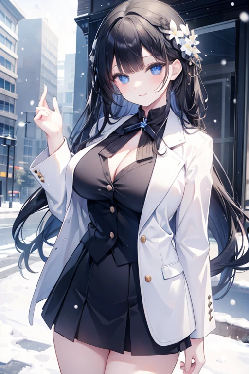 young girl, black hair, blue eyes,beautiful and detailed eyes, big breasts, long hair,european braid hairstyles, happy smile, black shirt,white blazer, black mini skirt,  (snow scene, snow flowers)