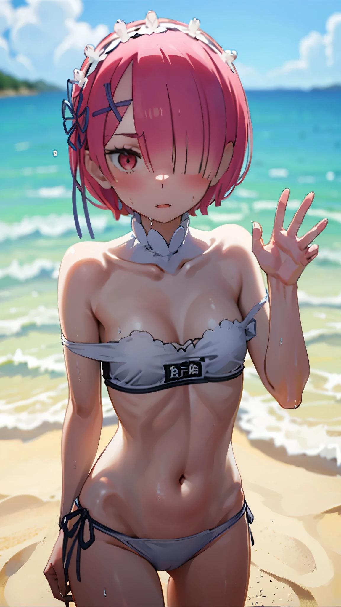 Random Swimsuit、Random pose、Random facial expressions、Swimsuits in random colors、Acme Face、Random pose、short hair、Red Hair、、hair over one eye、、nsfw、Highest quality、1 girl、独奏、Ocean、Sandy Beach、Sexy pose、Random pose、Blushing、Wet、Embarrassed、Strap slip:1.3)、Random Swimsuit