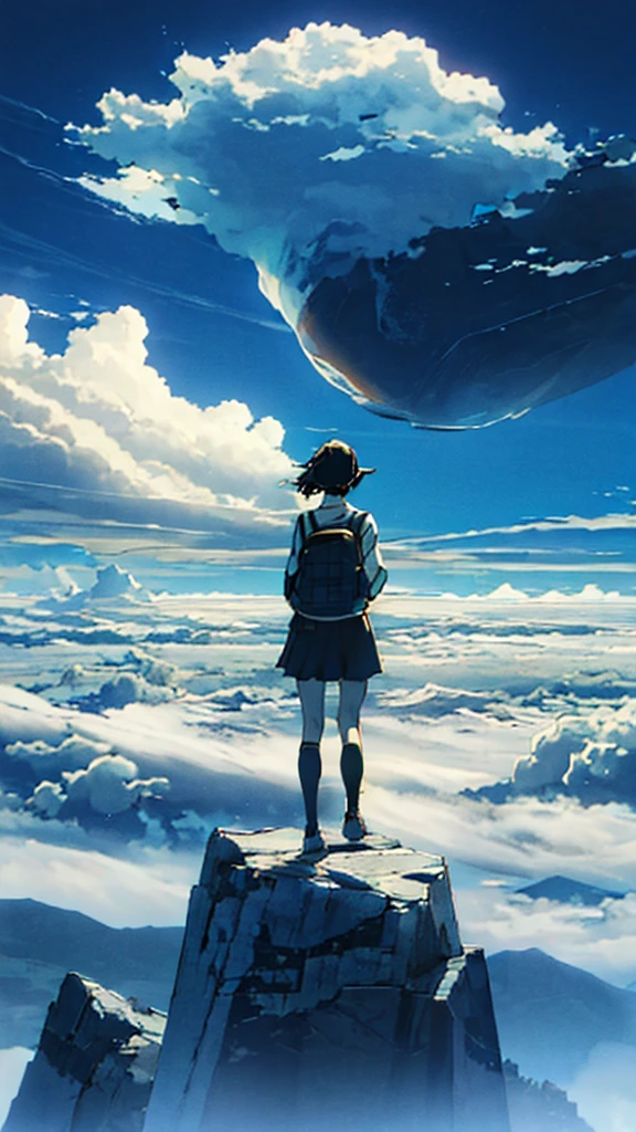 A girl standing on a mountain going above clouds, wearing a , with a blue sky and clouds background. The girl is facing away from the viewer. The image should be very detailed, with a resolution of 8k and high resolution.