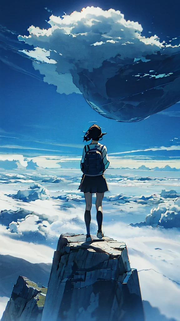 A girl standing on a mountain going above clouds, wearing a , with a blue sky and clouds background. The girl is facing away from the viewer. The image should be very detailed, with a resolution of 8k and high resolution.
