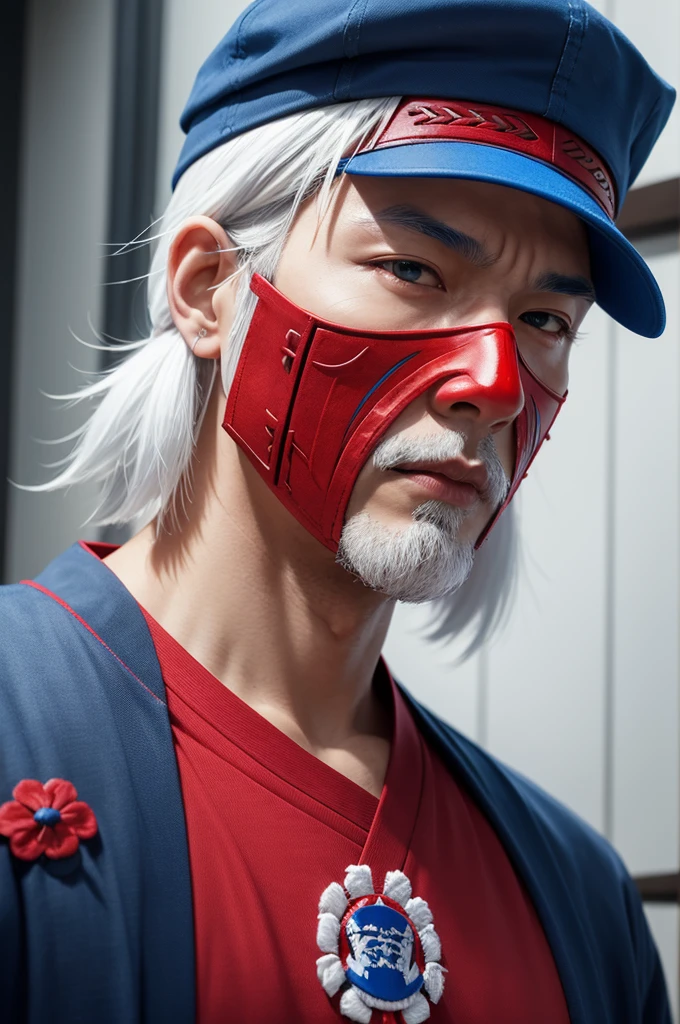 Create a character who wears a backwards blue cap with white hair, with a samurai mask, and red shirt