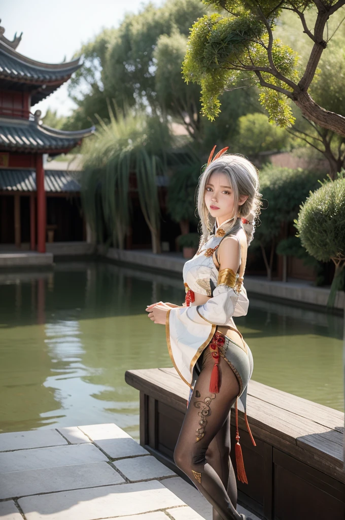 best quality, masterpiece, Practical, photoPractical, 1 Girl, Solitary, Looking at the audience, Cowboy shooting, shen_he_, (Genshin Impact_Influence), (White tights), (Hair accessories), White hair, (Braided ponytail), Black sleeves, Breast curtains, Jewelry, - Hip vents, Shoulder cutouts, Umbilical cord, sandals, old Chinese building, Chinese garden, flower, Tree, 