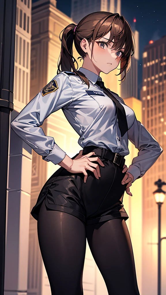 {{masterpiece}}, {{{best quality}}},{{ultra-detailed}}, {{illustration}},{{tall stature}},{{adult women}},((Black tights and shorts)),Small breasts,Slender,{{Hands on hips}},((Leggings with integrated shorts)), Female police officer on guard Cowboy Shot Look Up A strong expression Brown hair ponytail Place your hands on your knees 1 female,alone, Downtown at night long sleeve police uniform Black pantyhose View from below Black Belt