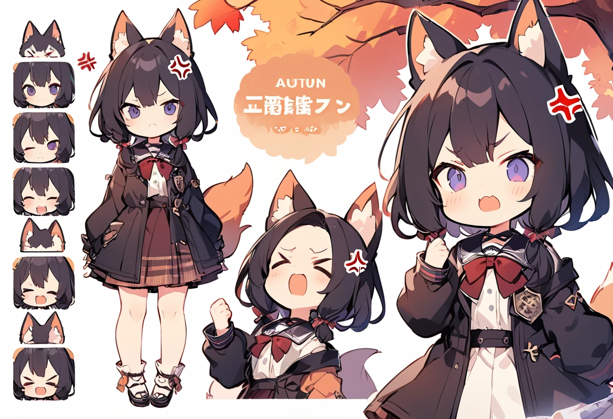 Anime, two heads, cute fox girl, autumn, multiple poses and expressions, different angles, character sheet, fashionable clothes, illustration, white background,　joy, anger, sadness