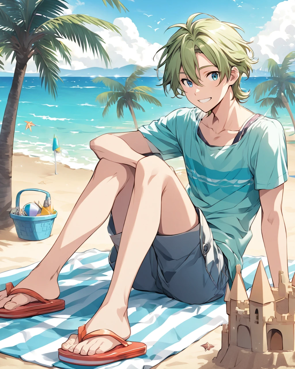 Create a degital anime illustration of a young man with tousled, short hair and a casual summer outfit, including a tank top, shorts, and flip-flops. He is sitting on a beach towel, building a sandcastle, with a joyful and carefree expression. Use a bright, beach-themed background with the ocean and palm trees to highlight the fun and relaxed setting.