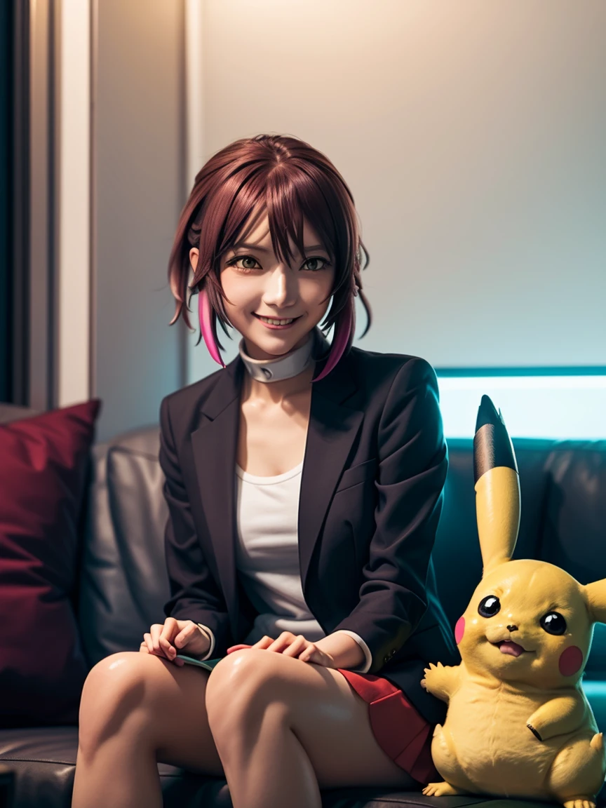 "Create an anime-style image featuring Pikachu from Pokémon sitting beside a character of your choice. The character should be interacting with Pikachu in a friendly manner, such as petting Pikachu or smiling at it. The background should be a lively and colorful environment, like a park or a cozy room."