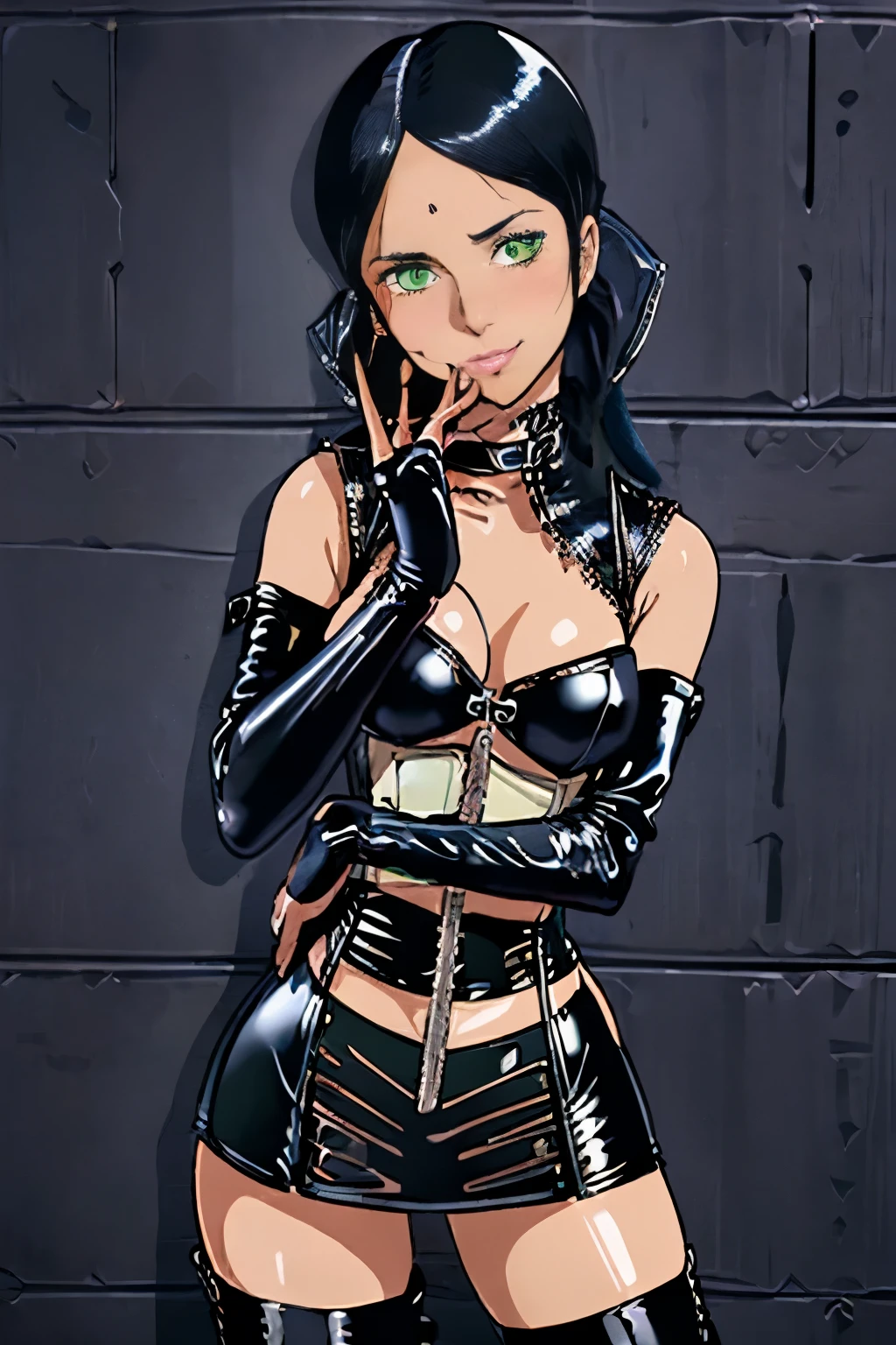 Bondage、Queen、spouse、One Girl、alone、(((Long gloves covered in black latex all the way to the fingertips:1.4 )))、(((black latex corset dress:1.4)))、(((Beautiful lace corset dress.)))、(((corset dress with shoulder straps)))、(((black latex tight miniskirt:1.4)))、(((Black thigh-high boots)))、Stiletto heels、(((Black latex panties)))、(((black latex bra)))、(((Black leather collar)))、(((Sexy pose)))、Wide-open legs、(((erotic)))、(((Cowboy Shot)))、masterpiece、Highest quality、alone、Lala Sun、One Girl
、Hair tied up on both sides、Black Hair、Forehead mark、Green Eyes、Brown Skin、Wicked Smile、blush:1.2