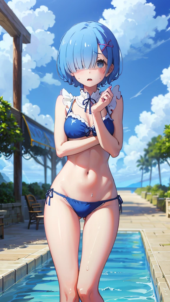 Random swimwear、Swimsuits in random colors、Random pose、Acme Face、Random pose、short hair、Blue Hair、、hair over one eye、、nsfw、Highest quality、1 girl、独奏、Ocean、Sexy pose、Random pose、Blushing、Wet、Embarrassed