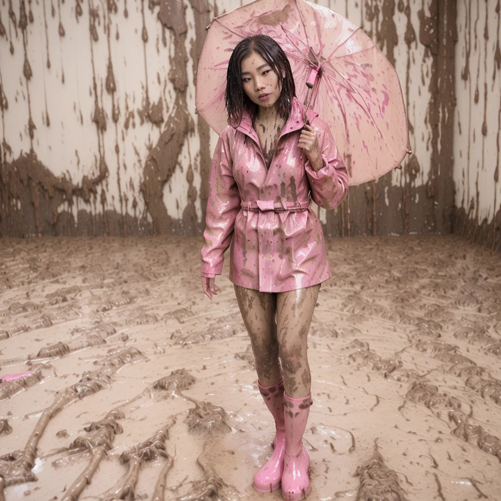 asian lady, ((night city street)), cute pose, pink buttoned up raincoat, tall pink rain boots, ((((muddy splatters)))), ((mud dripping down raincoat)),  intricate details, highly detailed, masterpiece, 8k, photorealistic, cinematic lighting, vibrant colors, soft focus, elegant, feminine, beautiful, serene, graceful