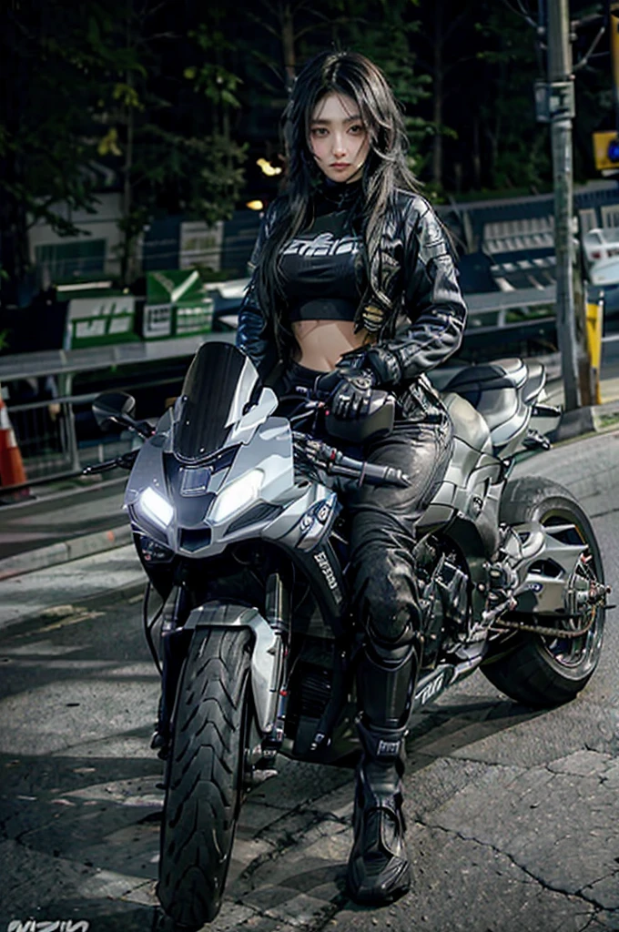 Mujer hermosa, cuerpo perfecto, montada en una motocicleta, ropa sexy, black hair, high quality Social realism, depth of field, cinematic lighting, image fill, Wide-Angle, Nikon, 8k, super detail, textured skin, super detail, high quality, highres