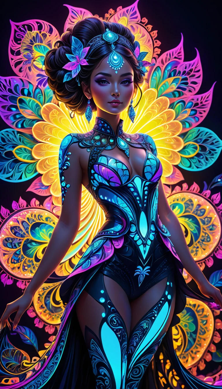 Black light art,(Masterpiece artwork, maximum quality, Best quality at best, offcial art, beautiful and gorgeous:1.2), (1 piece of giant:1.3), The is very detailed,(Fractal Art:1.2),colorfully, (Traditional costumes:1.2), the most detailed,( Zentangle neon light:1.2), (dynamic poses), (Abstract background neon lights:1.5), (Glossy glossy skin), (many colors:1.4), neon,16K,Full HD