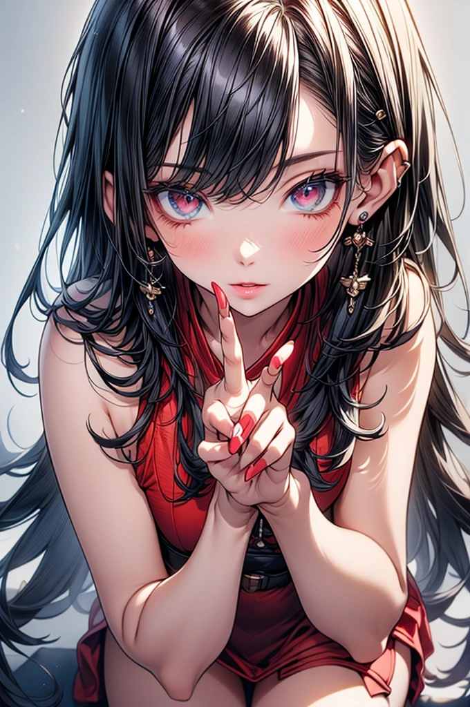 NSFW,(Natural finger shape:1.5),4K,masterpiece,((Focus on the face)),((Symmetrical facial features)),Eye for detailed depiction,Beautiful woman,Excellent style,Beautiful feet,(Small Ass,Thin thighs),(stockings,High heels),Detailed depiction of the face,Small earrings,Low angle photo,((Sleeveless,Red skirt)),Hide and seek in the park early in the morning,blue blonde,Close-up photo of the upper body,(Beautiful girl holding a mobile phone in her hand)